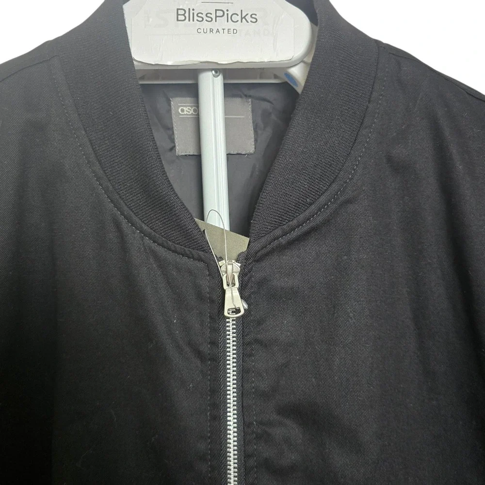 ASOS Black Twill Bomber Jacket 5XL Long‎ Zip Front Pockets Minimal Oversized Men